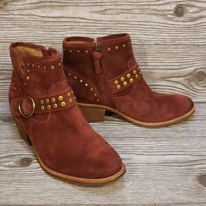 Sofft rustic red  suede with gold studs full zip low heel boots size 7.5